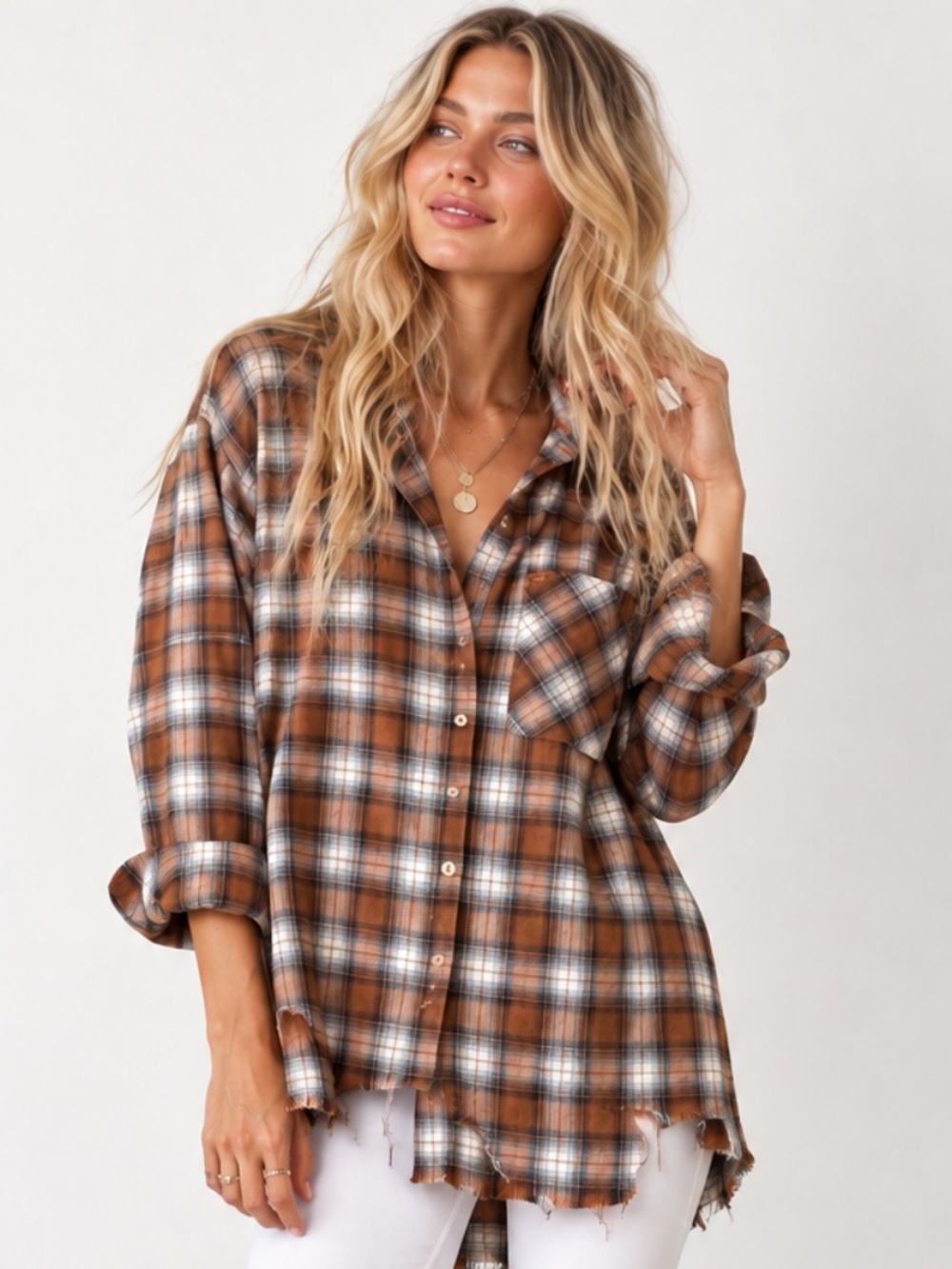 ANTHROPOLOGIE POL Oversized Distressed Plaid Flannel Frayed Hem Shirt Orange L